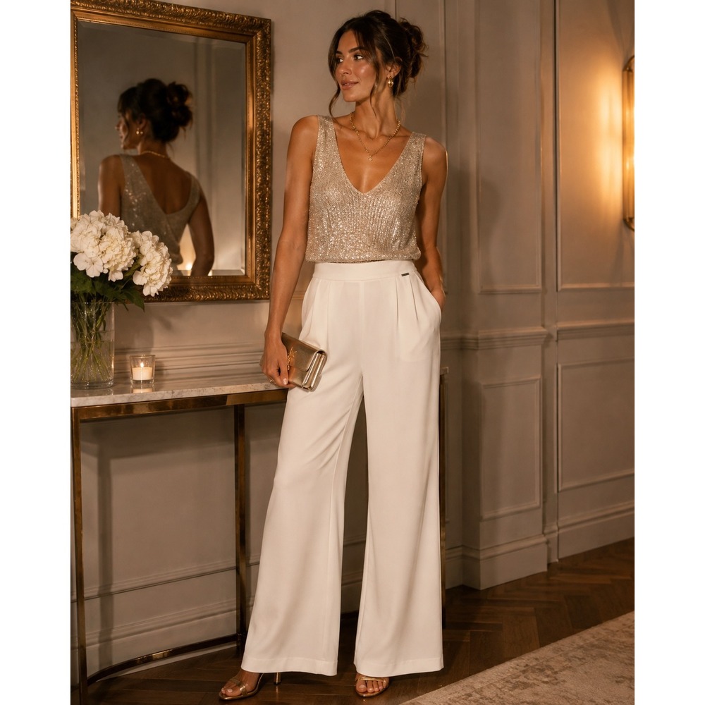 Tahari Ivory Wide Leg Pull On Pants Small Stretch Dress Work Trousers Glam